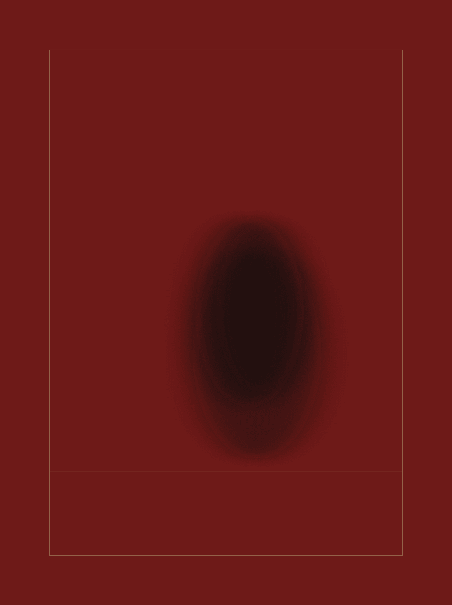 A seated figure dissolving at its edges, held in an open drawn armature on a deep oxblood ground.