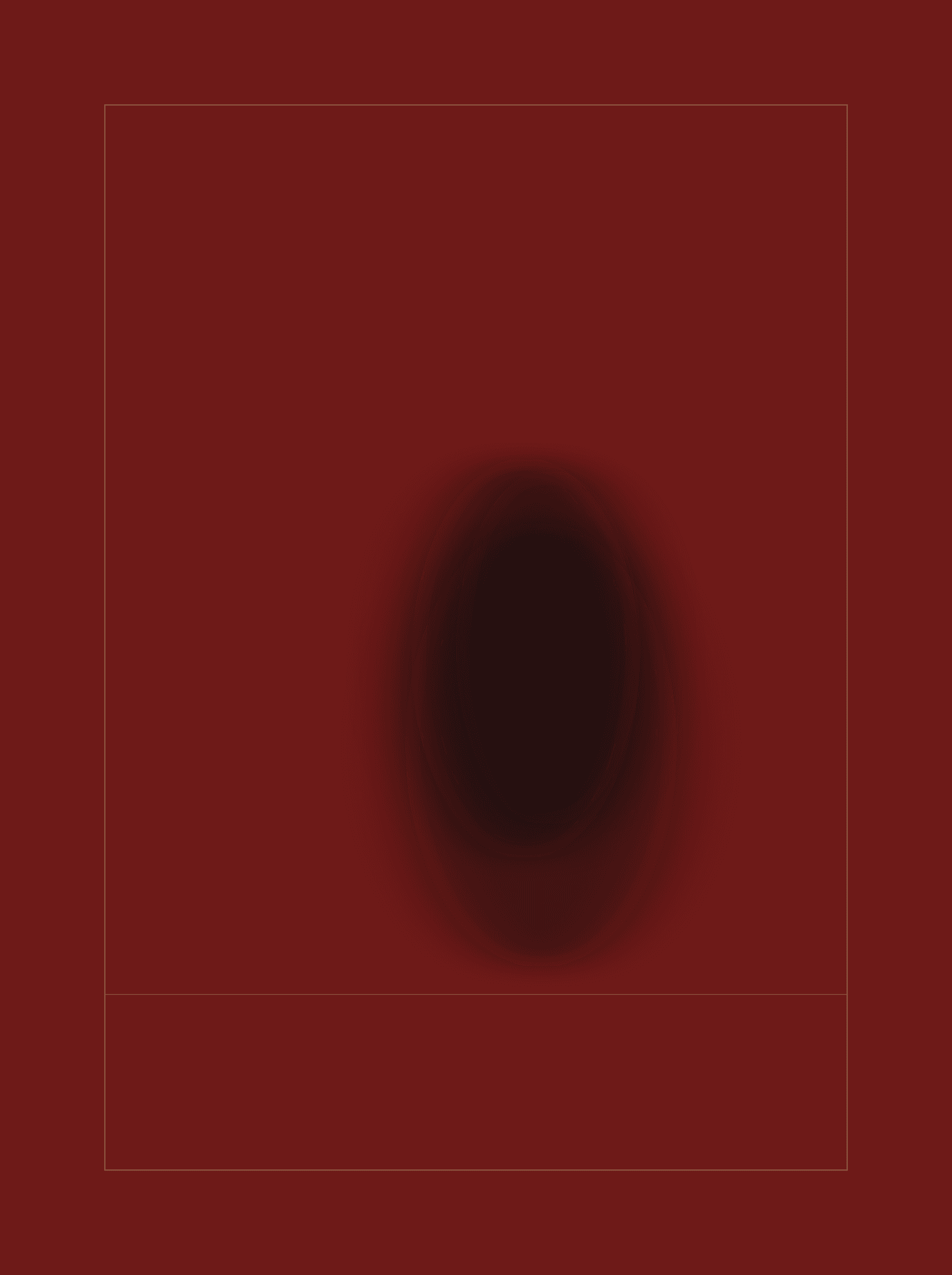 A seated figure dissolving at its edges, held in an open drawn armature on a deep oxblood ground.